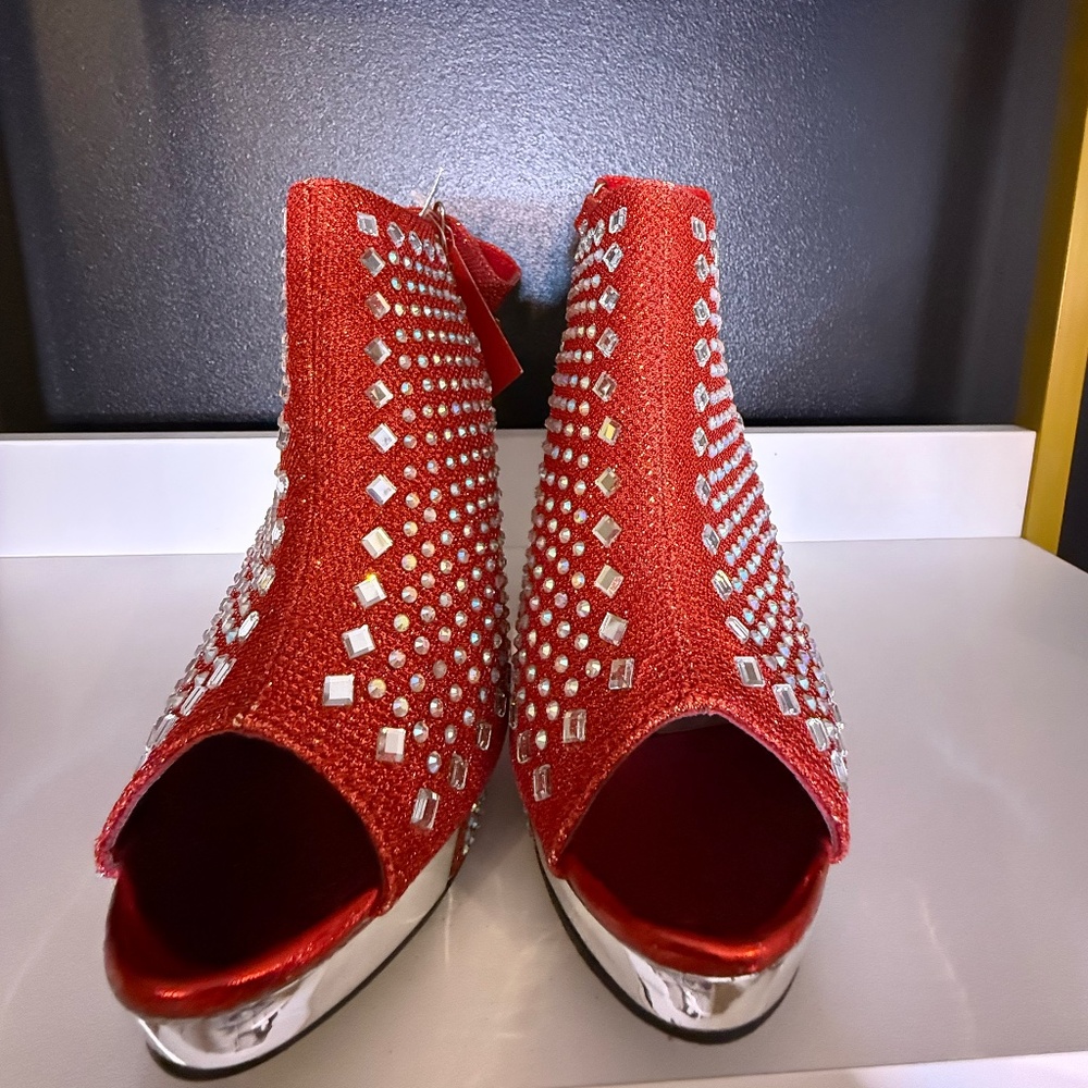 Red Rhinestone Peep-Toe Platform Heels